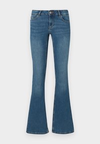 Jeans in denim blu con gamba svasata, vita media, con tasche frontali e chiusura con zip. Texture liscia con leggera scoloritura e dettagli di cucitura a contrasto.