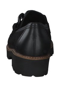 Schwarzer Lederschuh mit glatter Oberfläche, abgerundeter Ferse und kontrastierender brauner Sohle. Verfügt über eine Naht entlang der Kante für zusätzliche Haltbarkeit.