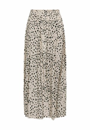Beiger Maxirock mit unregelmäßigen schwarzen Leopardenflecken, elastischem Bund und fließendem Stoff.