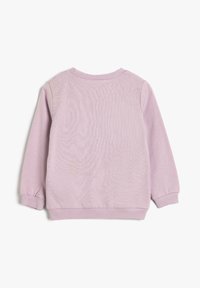 Lichtpaarse sweatshirt met lange mouwen en ronde hals, met ribgebreide manchetten en onderrand, weergegeven vanaf de achterkant op een witte achtergrond.