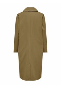Lungo cappotto marrone con colletto a rever, taglio dritto, maniche lunghe e una texture liscia. Nessuna chiusura o motivo visibile.