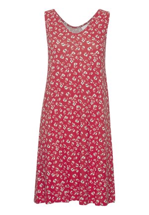 Red sleeveless dress with a V-neck, featuring a floral pattern in white and green. Made of lightweight fabric. A-line silhouette.