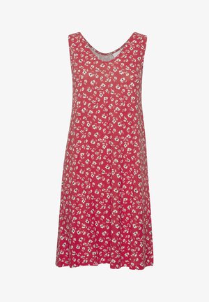 Piros, ujjatlan ruha V-nyakkivágással, fehér és zöld virágmintával. Könnyű anyagból készült. A-vonalú sziluett.