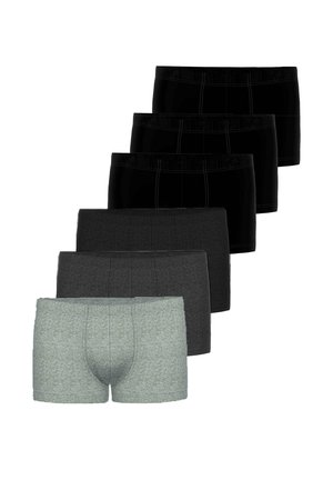 Six pairs of men's boxer briefs arranged in two rows, three black pairs in back, three gray pairs in front, on a white background.