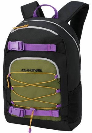Schwarzer und olivgrüner Rucksack mit violetten Trägern, gelben elastischen Kordeln, Frontreißverschlusstasche und gepolsterten Schultergurten.
