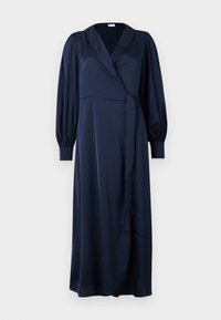 Navy blue wrap dress made of smooth fabric, featuring a V-neck, long puff sleeves, and a waist tie. Flows to mid-calf length.