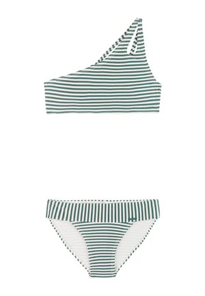 Groen-wit gestreepte tweedelige badkleding met een asymmetrische top en een bikini broekje met hoge taille, plat gelegd op een witte achtergrond.