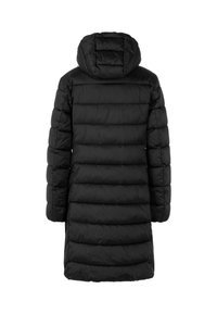 Schwarze Pufferjacke mit Kapuze, mit gestepptem Design, langen Ärmeln und geradem Schnitt. Das Material wirkt glänzend und glatt.