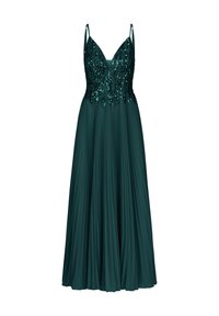 Türkises Abendkleid mit verstellbaren Spaghetti-Trägern, einem tiefen Ausschnitt, einem mit Pailletten besetzten Oberteil und einem gefältelten Rock. Verfügt über schimmernde Verzierungen.