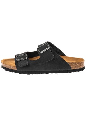 Black leather sandal with two adjustable straps and silver buckles, cork footbed, and textured sole for grip.