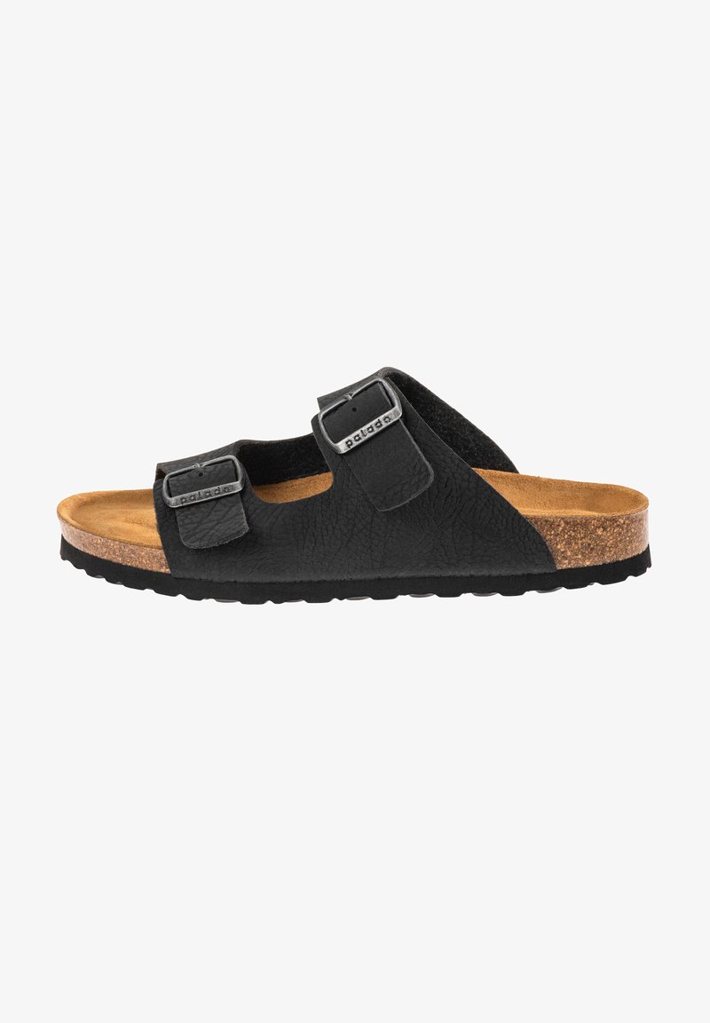 Black leather sandal with two adjustable straps and silver buckles, cork footbed, and textured sole for grip.