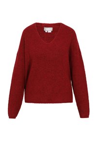 Pulover roșu cu decolteu în V, mâneci lungi și croială lejeră. Fabricat dintr-un material moale și texturat pentru confort. Fără modele sau accente notabile.