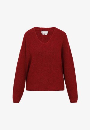 Rode trui met een V-hals, lange mouwen en een losse pasvorm. Gemaakt van een zachte, gestructureerde stof voor comfort. Geen opmerkelijke patronen of accenten.