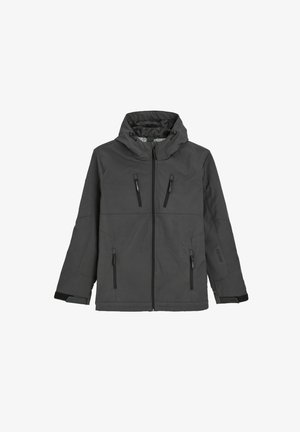 Czarna szara kurtka ocieplana z kapturem, z czterema kieszeniami na zamek i regulowanymi mankietami. Gładka tkanina zewnętrzna z eleganckim krojem.