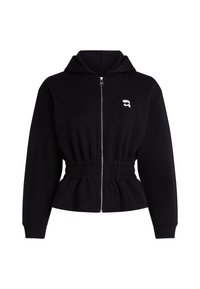Haut de hoodies noir zippé avec une taille ajustée, des poignets côtelés et un petit logo brodé sur la poitrine. Fabriqué en tissu doux et texturé.