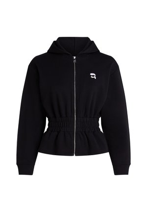 Zwarte zip-up hoodie met een aansluitende taille, ribbelmanchetten en een klein geborduurd logo op de borst. Gemaakt van zachte, gestructureerde stof.
