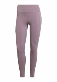 Leggings viola realizzati in tessuto elasticizzato, dotati di una vita alta, design aderente e tasca laterale per maggiore comodità.