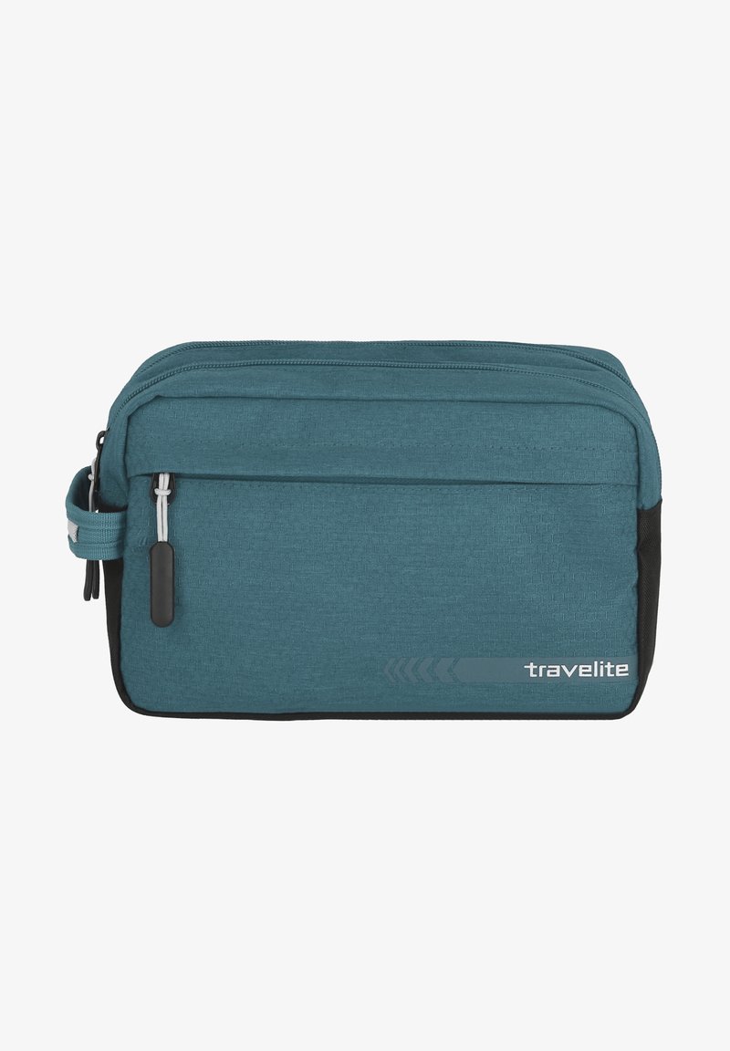 Borsa da viaggio teal per articoli da toeletta con superficie texturizzata, dettagli neri, scomparti con doppia cerniera e manico laterale per un facile trasporto.