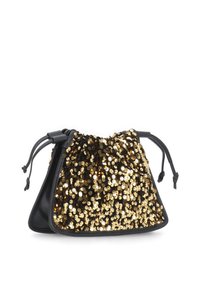 Borsa a tracolla nera con un esterno in paillettes oro scintillanti. Texture morbida e forma triangolare, con rifiniture in pelle e lacci regolabili.