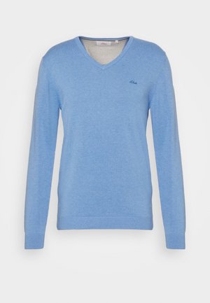 Pull à manches longues bleu clair avec col en V, poignets et ourlet côtelés, petit logo brodé sur la partie supérieure gauche de la poitrine.