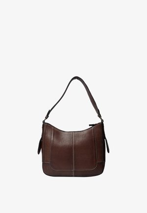 Brown leather handbag with a smooth texture, curved shape, and a single shoulder strap. Features contrast stitching and zipper closure.