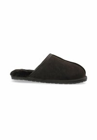Fekete slip-on papucs, puha bőr külsővel és bolyhos szőrme béléssel, lapos talpardal, amely a benti kényelmet szolgálja.