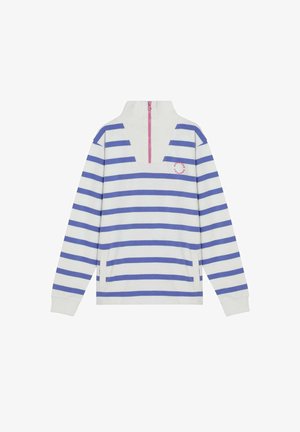 Hvid langærmet quarter-zip pullover med blå vandrette striber og en pink lynlås, med en lille pink rund logo på brystet.