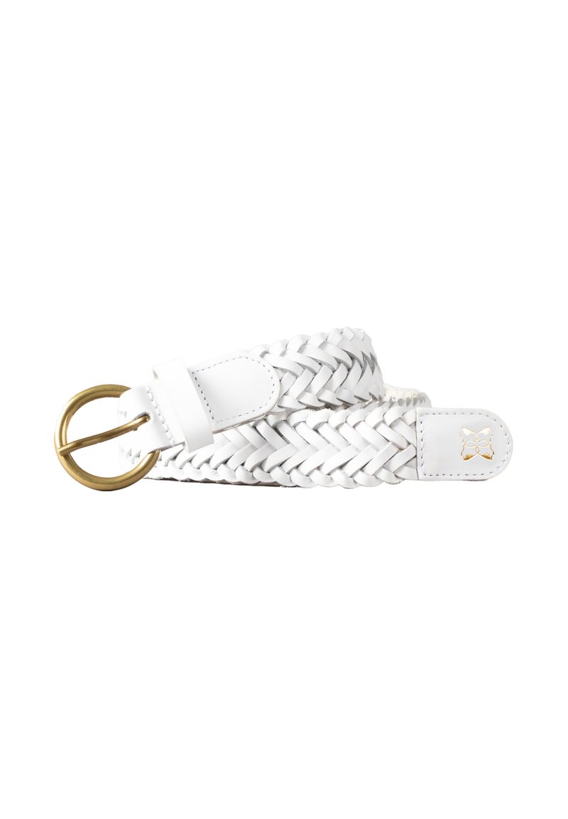 White woven leather belt with a gold-tone metal circular buckle. Features smooth ends and a small logo detail on the leather.