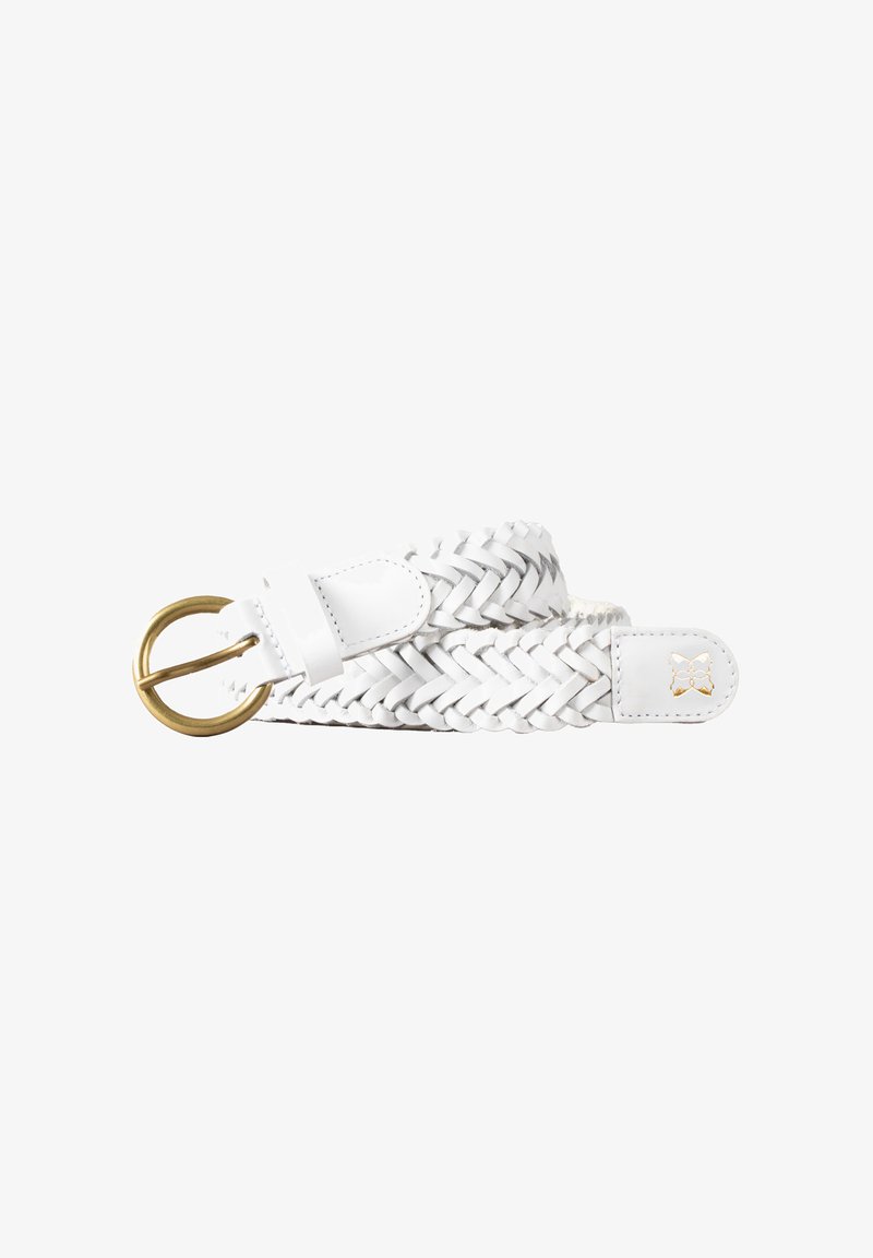 White woven leather belt with a gold-tone metal circular buckle. Features smooth ends and a small logo detail on the leather.