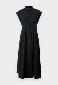 Vestido preto de botões com mangas curtas tipo capa, cintura ajustada e saia com godê. Feito de um tecido leve, apresenta um colarinho e uma gola frontal.