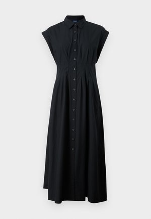 Abito nero con bottoni, maniche corte a cappuccio, vita aderente e gonna svasata. Realizzato in tessuto leggero, presenta un colletto e un patta frontale.