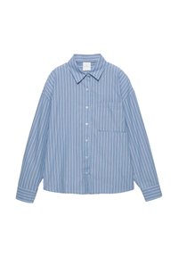 Camicia a maniche lunghe blu a righe con chiusura frontale con bottoni, colletto classico e taschino sul petto. Tessuto leggero con una vestibilità rilassata.
