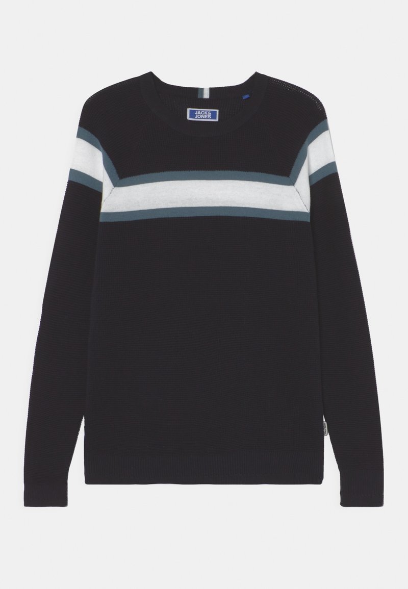 Pull noir à encolure ronde, avec des rayures horizontales en gris clair, bleu sarcelle et blanc. Texture en tricot avec poignets et ourlet côtelés.