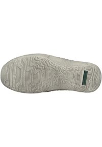 Graue Schuhsohle mit strukturierten Rillen und Mustern, versehen mit einem grünen Logoakzent. Das Material scheint gummiartig zu sein und hat ein flexibles Design.