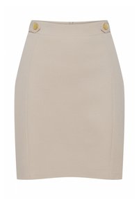 Beige pennkjol i en strukturerad tyg, hög midja och två knappar i guldfärg framtill. Slät yta och åtsittande silhuett.