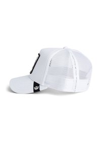 White cap with a solid front and mesh back. Features a curved bill and a black band with a logo on the side. Textured fabric and breathable design.