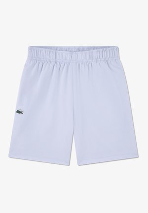 Lys blå treningsshorts med elastisk midjebånd, med en liten grønn logo på venstre side. Glatt, lett materiale.