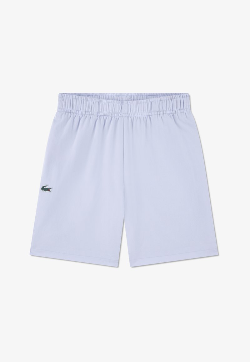 Shorts de sport bleu clair avec une ceinture élastique, ornés d'un petit logo vert sur le côté gauche. Tissu lisse et léger.