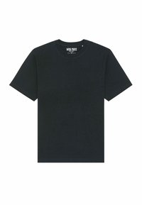T-shirt en coton noir avec un col rond classique, des manches courtes et une coupe décontractée. Étiquette "MIRA PARIS" située au niveau de l'encolure. Design simple.