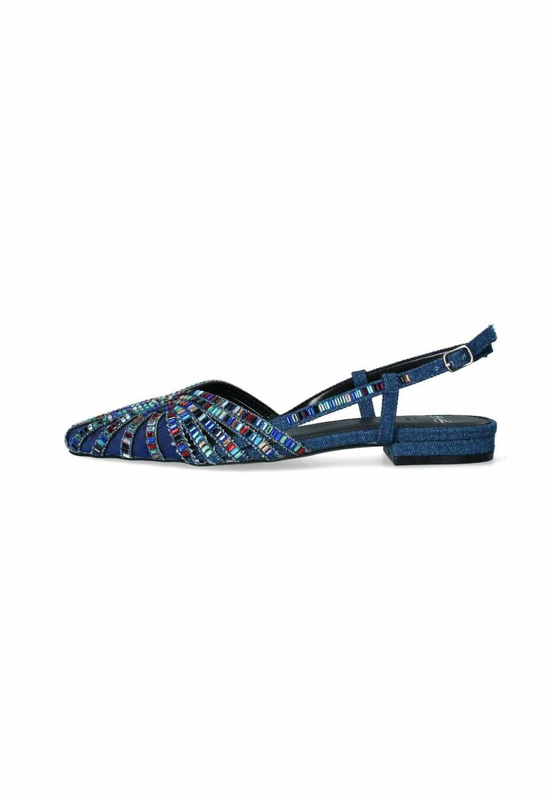 Ballerine slingback in denim con punta affusolata, decorate con dettagli di perline multicolori in un motivo a onda, dotate di un tacco basso a blocco.