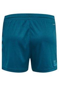 Teal athletic shorts with a smooth, shiny texture, elastic waistband, and contrasting blue side stripes. Features logo on the lower right.