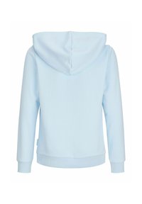 Sweat à capuche bleu clair à manches longues, avec poignets côtelés et capuche, vu de dos sur un fond blanc.