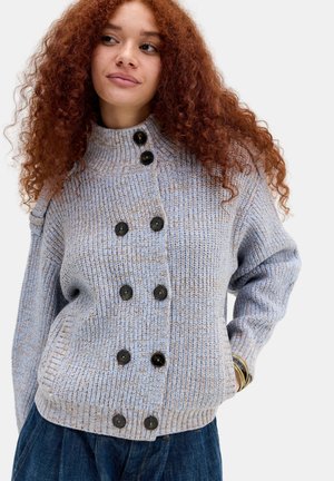 Jonge vrouw met krullend rood haar, gekleed in een lichtblauwe grofgebreide trui met zwarte knopen en donkerblauwe spijkerbroek tegen een witte achtergrond.