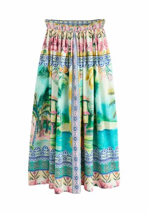 Langer Rock mit elastischem Bund, der einen tropischen Blumenprint in Blau, Pink und Grün mit bunten Akzenten und dekorativen Bordüren zeigt.