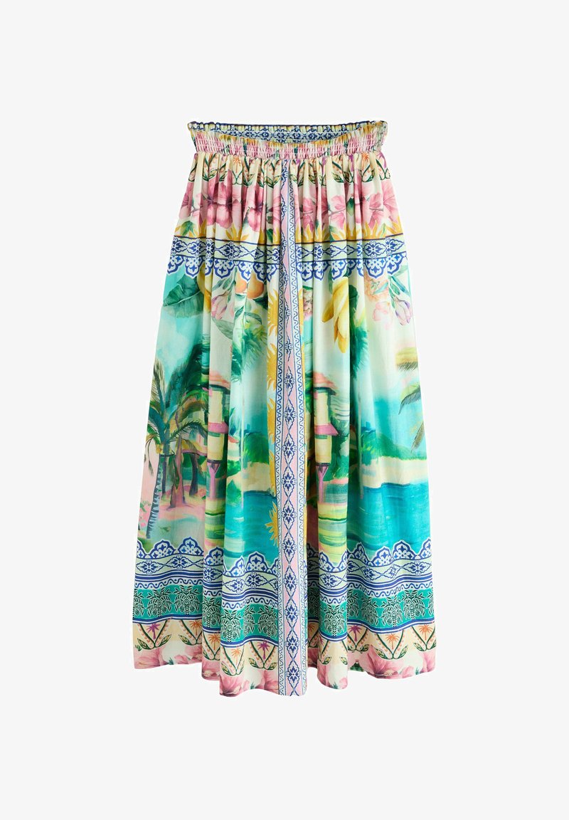 Dlouhá sukně s elastickým pasem, zdobená tropickým květinovým potiskem v modré, růžové a zelené barvě, s barevnými akcenty a dekorativními lemy.