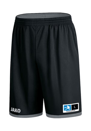 Pantaloncini sportivi neri con vita elastica, rifinitura grigia all'orlo, logo JAKO sulla gamba sinistra e etichetta taglia L con icona sportiva blu sulla gamba destra.