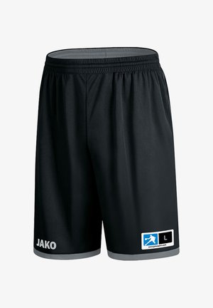Schwarze Sportshorts mit elastischem Bund, grauem Saum, JAKO-Logo am linken Bein und Größenschild L mit blauem Sportsymbol am rechten Bein.