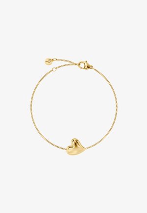 Jemný zlatý náramok s lešteným, asymetrickým príveskom v tvare srdca a zapínaním na karabínku s predlžovacím reťazcom.