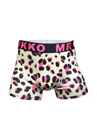 Miestne boxerky s krémovým pozadím a čiernym a ružovým vzorom leopardie kože. Elastický pás s logom "MRKKA".