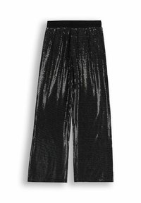 Czarne spodnie z szerokimi nogawkami z cekinami, z elastycznym pasem, o gładkiej fakturze i błyszczącej, refleksyjnej powierzchni.